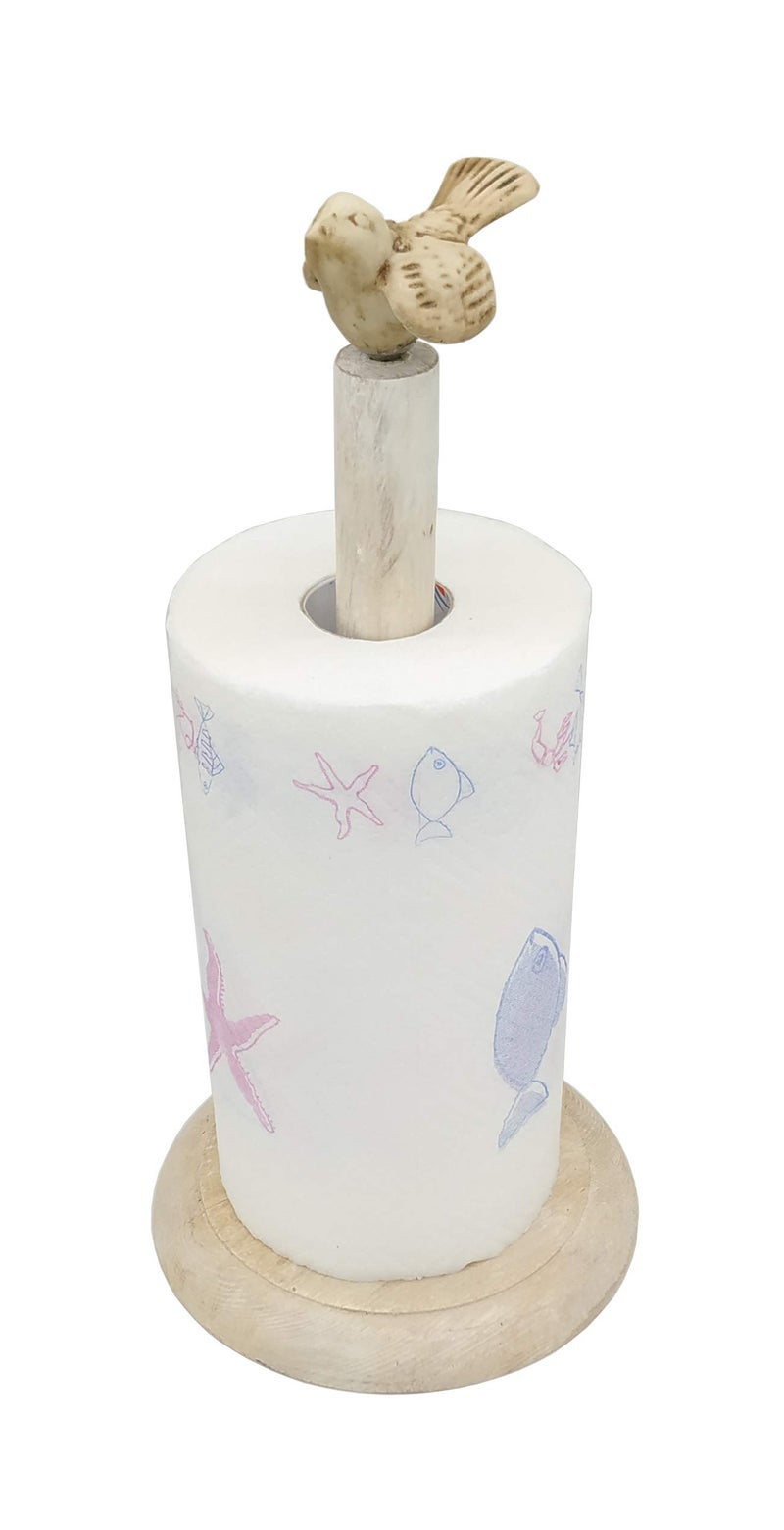 Owlgift Bird Design Shabby Whitewashed Wood Paper Towel Holder Stand Up Paper Towel Holder, Easy One-Handed Tear Kitchen Paper Towel Dispenser with Weighted Base for Standard Paper Towel Rolls - Image 1